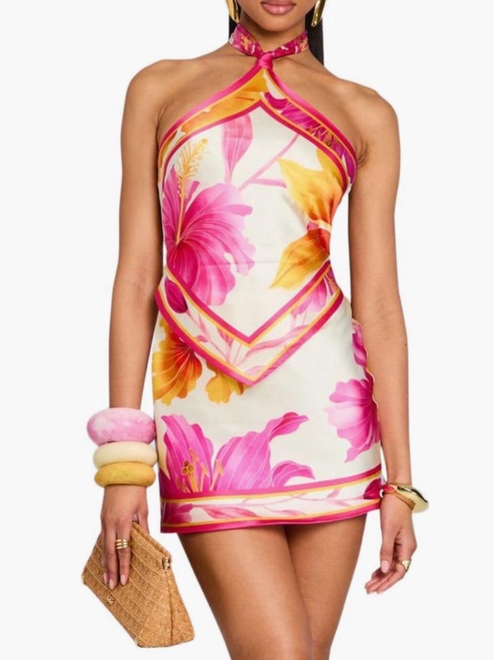 Retrofete Adelaide Halter Scarf Mini Dress in Pink and Yellow